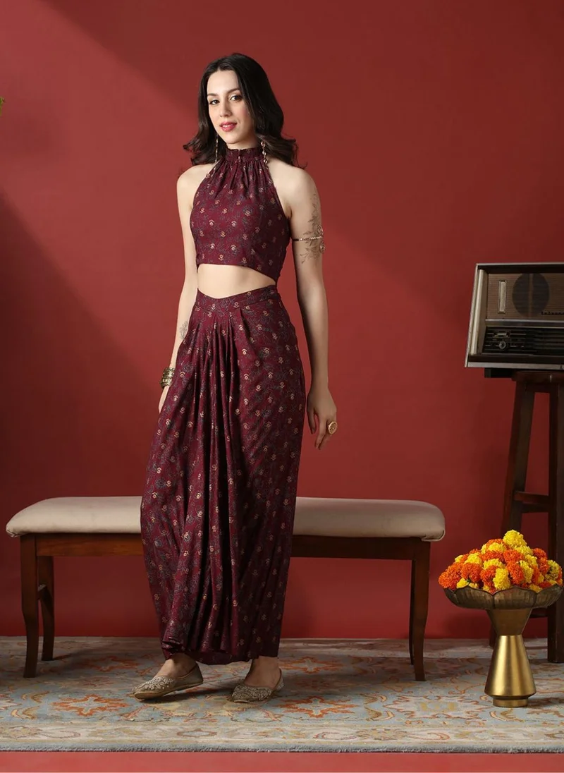 globus Globus Women Maroon Floral Print Smock Detail Halter Neck Crop Top With Pleated Maxi Skirt Fusion Co-Ord Set